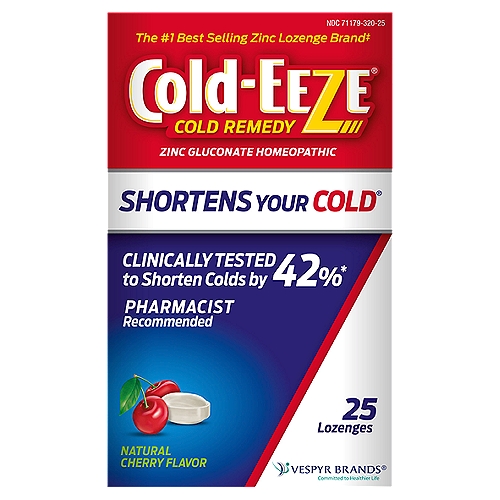 Mylan Cold-Eeze Cold Remedy Natural Cherry Flavor Lozenges, 25 countnShortens Your Cold®nnClinically Tested to shorten colds by 42%*n*A clinical study found the Cold-Eeze formula reduces the duration of the common cold by 42%, when taken at the first sign of symptoms and used as directed.nThe double blind placebo controlled study was conducted at the Cleveland clinic and published in a peer reviewed journal.nnDrug FactsnActive ingredient (per lozenge) - PurposenZinc gluconate 2X HPUS† (2.3%) (13.3 mg zinc) - Cold remedyn†The letters 'HPUS' indicate that the active ingredient is in the official Homeopathic Pharmacopeia of the United States.nnUsesn• reduces the duration of the common coldn• reduces the severity of cold symptoms: cough, sore throat, nasal congestion, post nasal drip and/or hoarsenessnnOur clinically tested formula releases zinc ions in the mouth® and shortens the duration of the common cold