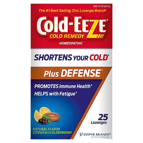 Cold-Eeze Natural Flavor Citrus with Elderberry Lozenges, 25 countnShortens Your Cold®nnDrug FactsnActive Ingredients (per Lozenge) - PurposesnZinc gluconate 1X HPUS✝ (2.22%) (13.3 mg zinc) - Cold remedynSambucus nigra 1X HPUS✝ (1.11%) - Promotes immune supportnAvena sativa L. 2X HPUS✝ (0.14%) - Helps with general debility and fatiguenRosa Canina (Rose Hips) 2X HPUS✝ (0.09%) - Promotes immune supportnEchinacea Purpurea 3X HPUS✝ (0.04%) - Promotes immune supportn✝The Letters 'HPUS' indicate that the active ingredient is in the official homeopathic pharmacopeia of the United States.nnUsesn• reduces the duration of the common coldn• reduces the severity of cold symptoms: cough, sore throat, nasal congestion, post nasal drip and/or hoarsenessn• supports immune system healthn• helps with a general debility and fatiguennReleases zinc ions in the mouth® and shortens the duration of the common cold
