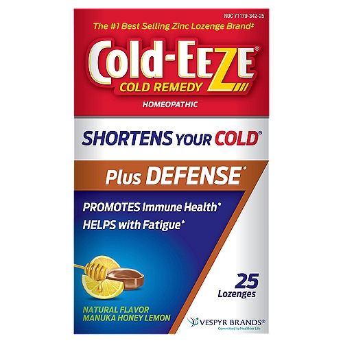 Cold-Eeze Natural Flavor Manuka Honey Lemon Lozenges, 25 countnShortens Your Cold®nnPlus Defense*nPromotes immune health*nHelps with fatigue*nnDrug FactsnActive ingredients (per lozenge) - Purposes nZinc gluconate 1X HPUS✝ (2.22%) (13.3 mg zinc) - Cold remedynSambucus nigra 1X HPUS✝ (1.11%) - Promotes immune support*nAvena sativa L. 2X HPUS✝ (0.14%) - Helps with general debility and fatigue*nRosa canina (rose hips) 2X HPUS✝ (0.09%) - Promotes immune support*nEchinacea purpurea 3X HPUS✝ (0.04%) - Promotes immune support*n✝The letters 'HPUS' indicate that the active ingredient is in the official homeopathic pharmacopeia of the United States.nnUsesn• reduces the duration of the common coldn• reduces the severity of cold symptoms: cough, sore throat, nasal congestion, post nasal drip and/or hoarsenessn• supports immune system health*n• helps with a general debility and fatigue*n*Claims based on traditional homeopathic practice, not accepted medical evidence. Not FDA evaluated.nnReleases zinc ions in the mouth® and shortens the duration of the common cold