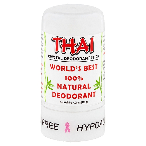Thai Crystal Deodorant Stick, 4.25 oz
Why it Works
Potassium alum salt minerals remain on the surface of your skin to naturally prevent the growth of odor-causing bacteria.

Thai was created on the belief that people deserve a better deodorant which works with your body. Unlike antiperspirants which harmfully clog your pores with questionable chemicals or other ''natural'' deodorants which imitate your skin with unessential ''essential'' oils, Thai promises all our deodorants to be:
Aluminum chlorohydrate free
Perfectly hypoallergenic
Paraben and propyl free
Chemical and oil free
Unscented and non-staining
Safe for all genders and ages
Safe for all body regions