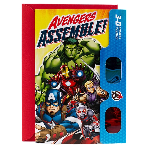 Hallmark Avengers Birthday Card with 3D Stickers and Glasses (Avengers Assemble!)
Make your gift stand out as you celebrate an Avengers fan's best birthday yet. Card includes a 3D message inside, 3D glasses, and 3D stickers featuring favorite Avengers. Buy this card with confidence; the Hallmark brand is widely recognized as the very best for greeting cards, gift wrap, and more. For more than 100 years, Hallmark has been helping its customers live caring, connected lives full of meaningful moments.

gifts for boy gifts for girl gift bag party supplies action figures games gift wrap decorations gender neutral superheroes infinity war toys lego age of ultron funko pop comic books movie shirt dvd