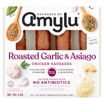 Amylu Roasted Garlic & Asiago Chicken Sausages, 9 oz