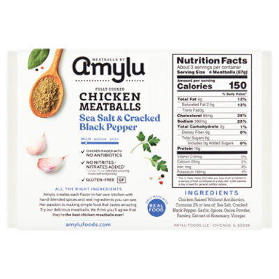 Amylu Sea Salt & Cracked Black Pepper Chicken Meatballs, 10 oz