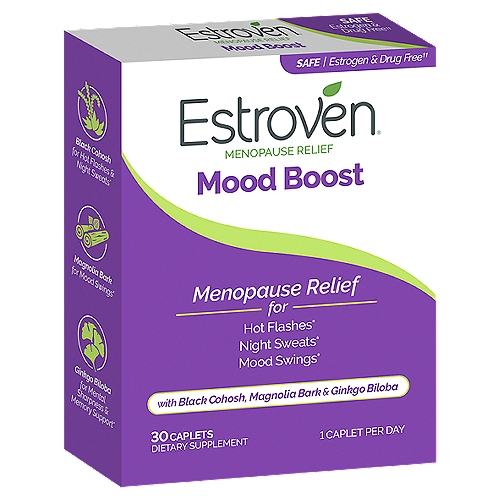 Estroven Menopause Relief + Mood Dietary Supplement, 30 count
Hormone & Drug Free††
††Estroven® does not contain synthetic, animal, or human derived hormones.

Helps reduce hot flashes + night sweats*
Helps manage mood swings + menopausal anxiety*

When Moodiness or Irritability are your most bothersome symptoms
Black cohosh for hot flashes & night sweats*
Magnolia bark for irritability and mood*
Ginkgo biloba for mental sharpness & memory support*
*These Statements Have Not Been Evaluated by The Food and Drug Administration. This Product is Not Intended to Diagnose, Treat, Cure or Prevent Any Disease.