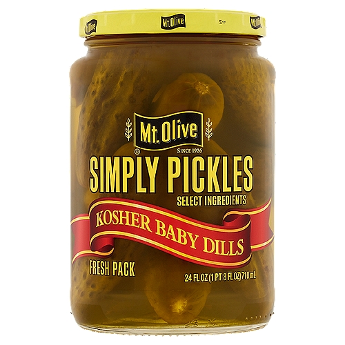 Mt. Olive Simply Pickles Kosher Baby Dills Fresh Pack, 24 fl oz
Simply 'Dill'icious!
New Simply Pickles by Mt. Olive combine select ingredients with our time-tested recipes. We perfectly season each pickle with just the right amount of vinegar, sea salt & spices. Mmmm...pickle perfection.