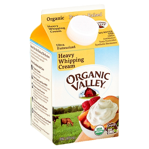 Organic Valley Ultra Pasteurized Heavy Whipping Cream, Pint
Organic is always non GMO®

Reach for the Peaks of Perfection
Specially made for longer-lasting peaks, it's perfectly suited for topping an unforgettable dessert.

Always Handled with Care
57 Quality Checks
We ensure your cream arrives tasting as fresh as it can be.

Always Organic and Non-GMO
We never use: GMOs, antibiotics, toxic pesticides or synthetic hormones.

Humane Animal Practices
Our organic animal care focuses on holistic health practices, including daily doses of sunshine, fresh air and pasture.

The Pasture-Raised Difference
More time on pasture means our cows' milk naturally delivers omega-3 and CLA.*

Keeping Chemicals Out of Your Food
We believe our farms, our food and our families shouldn't be chemistry experiments.
* This cream contains an average of 53mg omega-3 and 37mg CLA per serving.