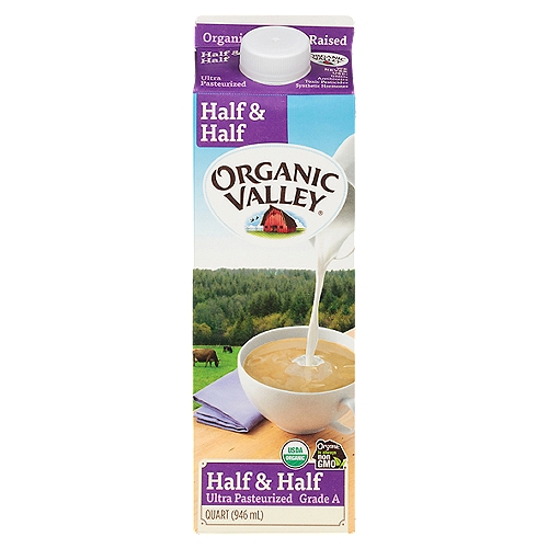 Organic Valley Ultra Pasteurized Organic Half and Half, 32 oz
Always Handled with Care
57 Quality Checks
We ensure your half & half arrives tasting as fresh as it can be.
Always Organic and Non-GMO.
We never use: GMOs, antibiotics, toxic pesticides or synthetic hormones.
Humane Animal Practices
Our organic animal care focuses on holistic health practices, including daily doses of sunshine, fresh air and pasture.
The Pasture-Raised Difference
More time on pasture means our cows' milk naturally delivers omega-3 and CLA.*
Keep Chemicals Out of Your Food
We believe our farms, our food and our families shouldn't be chemistry experiments.
* This half & half contains an average of 32mg omega-3 and 22mg CLA per serving.

Organic Valley Ultra Pasteurized Organic Half and Half is made with pasture raised milk and organic cream for a rich flavor. This silky coffee creamer makes your morning brew and other beverages smooth and creamy. Our Organic Valley half and half is made with milk from small family farms, where cows roam and graze on lush organic pastures, giving you a delightfully creamy flavor. Use this delectable organic creamer to turn your coffee, tea or hot chocolate into a special treat, or use it as a substitute for milk to add some richness to your favorite baked goods. This coffee creamer has an easy-pour cap, making it simple to add the perfect amount to your favorite beverage.