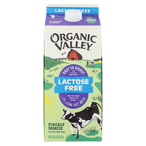 Organic Valley Ultra Pasteurized Lowfat Organic 1% Lactose Free Milk, 64 oz
All the Nutrition. None of the Lactose.
Like all our dairy products, this lactose-free milk starts as wholesome, organic milk from the pastures of our family farms. Then, we simply add a natural enzyme to break down the lactose and do the work some digestive systems can't. So you can enjoy all the delicious nutrition of real organic milk.

Always Handled with Care
57 Quality Checks
We ensure your milk arrives tasting as fresh as it can be.
Always Organic and Non-GMO
We never use: GMOs, antibiotics, toxic pesticides or synthetic hormones.
Humane Animal Practices
Our organic animal care focuses on holistic health practices, including daily doses of sunshine, fresh air and pasture.
The Pasture-Raised Difference
More time on pasture means our cows' milk naturally delivers omega-3 and CLA.*
Keeping Chemicals Out of Your Food
We believe our farms, our food and our families shouldn't be chemistry experiments.
* This milk contains an average of 24mg omega-3 and 17mg CLA per serving.

Organic Valley Ultra Pasteurized Lowfat Organic 1% Lactose Free Milk is the same as our regular organic lowfat milk, just without the lactose. This organic 1% milk has lactase enzyme added, which naturally removes the lactose. Then it's tested to make sure it's just right. Organic Valley organic milk comes from small family farms, where cows roam and graze on lush organic pastures. Each serving of this pasture raised milk packs 8 grams of protein and 25% of the recommended daily value of calcium. Pour this protein-packed, calcium-rich organic lactose free milk over your favorite cereal, use it to make milkshakes or smoothies or simply enjoy it on its own. This 1% low fat milk half gallon features a twist off cap for easy opening and closing.