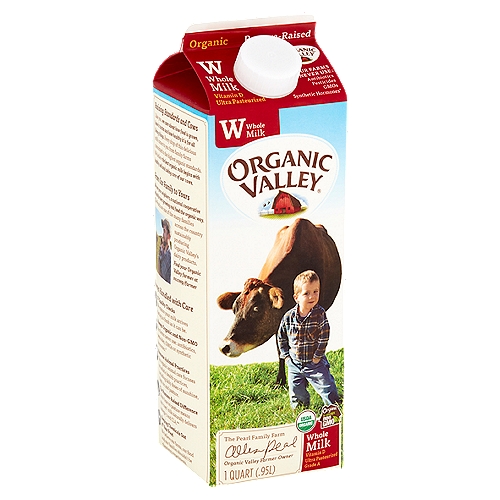 Organic Valley Organic Whole Milk, 1 quart
Organic is always non GMO®

Always handled with care
57 quality checks
We ensure your milk arrives tasting as fresh as it can be.
Always organic and non-GMO
We never use: GMOs, antibiotics, toxic pesticides or synthetic hormones*.
Humane animal practices
Our organic animal care focuses on holistic health practices, including daily doses of sunshine, fresh air and pasture.
The pasture-raised difference
More time on pasture means our cows' milk naturally delivers omega-3 and CLA.**
Keeping chemicals out of your food
We believe our farms, our food and our families shouldn't be chemistry experiments.
*Our cows are not treated with rBST or other synthetic hormones, in compliance with USDA organic standards.
**This milk contains an average of 77mg omega-3 and 54mg CLA per serving.
