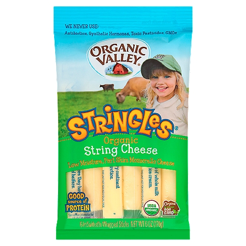 Organic Valley Stringles Low Moisture Part Skim Organic Mozzarella Cheese Sticks, 6 oz
Organic Valley Stringles Organic Mozzarella Cheese Sticks take the work out of preparing organic kids snacks. The 1st place winner at the 2018 World Dairy Expo, this low moisture mozzarella cheese has a light flavor and creamy texture. These organic string cheese sticks are made from milk produced without synthetic hormones, antibiotics or GMOs, for fresh flavor you can trust. Each Organic Valley mozzarella cheese stick provides 7 grams of protein and 15 percent of the recommended daily allowance of calcium for a nutritional boost. Enjoy one of these mozzarella cheese sticks on the go or as an easy afternoon snack. For freshest flavor, we recommend enjoying these organic cheese sticks within 3 to 5 days of opening.