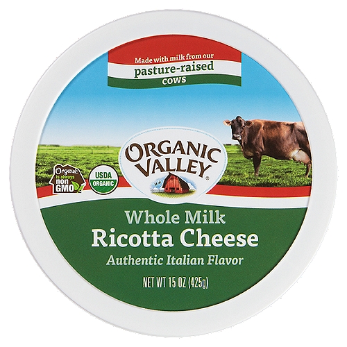 Organic Valley Whole Milk Organic Ricotta Cheese is a creamy Italian delicacy that's rich enough for lasagna and sweet enough for dessert. This organic cheese is made with milk from pasture raised cows on family farms, and it contains no antibiotics, synthetic hormones, toxic pesticides or GMOs. Based off a recipe that dates back to Roman times, this pasture raised cheese is made in small batches to help lock in the farm fresh, homemade taste. The creamy, slightly salty flavor lends itself well to Italian entrees like lasagna, but it can also be used as a sweet cheese in desserts such as cannoli. The convenient 15 ounce container makes it easy to stack and store this whole milk ricotta in your refrigerator. Winner of the gold medal at the 2019 Los Angeles International Dairy Competition, this Organic Valley cheese adds award winning flavor to your Italian dishes.
