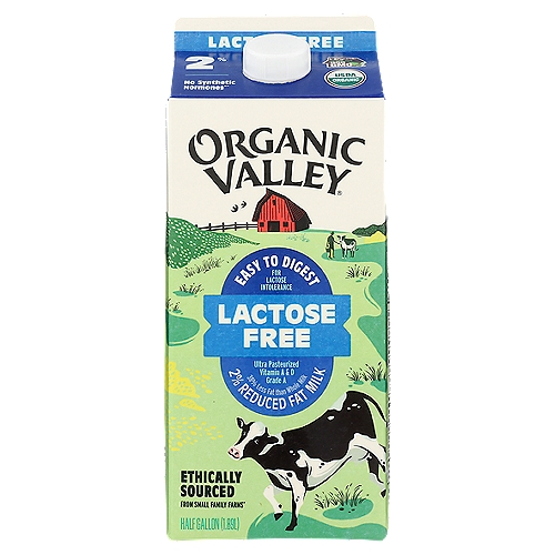 Organic Valley Ultra Pasteurized Reduced Fat Organic Lactose Free 2% Milk, 64 oz
2% Milk Fat*

Organic is always non GMO®

Real Milk for Every Body
We know cows need fresh air, exercise and green grass to stay healthy. Just like your body can't do without calcium, vitamin A and vitamin D, even if your stomach can't do dairy. Fortunately, this carton contains organic milk and all its wholesome nutrition, without the lactose.

All the Nutrition.
None of the Lactose.
Like all our dairy products, this lactose free milk starts as wholesome, organic milk from the pastures of our family farms. Then, we simply add a natural enzyme to break down the lactose and do the work some digestive systems can't. So you can enjoy all the delicious nutrition of real organic milk.

An excellent source of:
• Riboflavin - helps your cells make energy
• Calcium - strengthens your bones and teeth
• Vitamin D - lets you better absorb that calcium

A good source of:
• Vitamin A - keeps your eyes keen and cells growing
• Protein - regulates your energy level and builds muscle

Always Handled with Care
• Cows are part of our family and respect for animals is part of how we do business.
• You wouldn't put them on your table, so we never use antibiotics, synthetic hormones, toxic pesticides, or GMOs.
• Milk from our pasture-raised cows naturally delivers omega-3, CLA and calcium.*
• Over 57 quality checks ensure your milk arrives tasting as fresh as can be.
*This milk contains average of 48mg omega-3 and 34mg CLA per serving.

38% less fat than whole milk

Organic Valley Ultra Pasteurized Reduced Fat Organic Lactose Free 2% Milk is the same as our regular organic 2% milk, just without the lactose. This lactose free 2% milk has lactase enzyme added, which naturally removes the lactose. Then this organic 2% milk is tested to make sure it is just right. Organic Valley organic milk comes from small family farms, where cows roam and graze on lush organic pastures, for a pasture raised milk that packs 8 grams of protein per serving and 25% of the recommended daily value of calcium. Pour some of this organic lactose free milk half gallon over your favorite cereal, use it to make milkshakes or smoothies, or simply enjoy it on its own.
