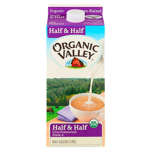 Organic Valley Ultra Pasteurized Organic Half and Half, 64 oz
Stir in Some Love
Wake up your morning brew and enrich your favorite recipes with our delicious half & half. It's a wholesome mix of organic milk and cream from the pastures of our family farms. Just stir it in to add rich flavor and lush texture to your coffee, sauces or desserts.

Always Handled with Care
• Cows are part of our family and respect for animals is part of how we do business.
• Our 57 quality checks ensure your cream arrives tasting as fresh as can be.
• You wouldn't put them on your table, so we never use antibiotics, synthetic hormones, toxic pesticides, or GMOs.

Organic Valley Ultra Pasteurized Organic Half and Half is made with pasture-raised milk and organic cream for a rich flavor. This silky coffee creamer makes coffee and other beverages smooth and creamy. This non GMO half and half is made with organic milk from small family farms, where cows roam and graze on lush organic pastures, giving you a delightfully creamy flavor. Pour this delectable organic cream into your coffee, tea or hot chocolate for delicious taste and velvety texture. It also makes a great substitute for milk to add some richness to your favorite baked goods. This coffee creamer has an easy-pour cap, making it simple to add the perfect amount to your favorite beverage.