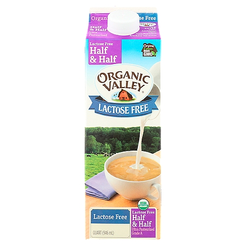 Organic Valley Organic Lactose Free Half and Half, 32 oz
Organic is always non GMO®

Pasture-Raised with Love™
In a way, cows are like kids—the more time outside, the better. Our farmers send their cows out into lush, organic pastures for fresh air, exercise and grazing (weather permitting, of course).

Stir in Some Lactose Free Love
Wake up your morning brew and enrich your favorite recipes with our delicious lactose free half & half. It's a wholesome mix of organic milk and cream from the pastures of our family farms. Then, we simply add a natural enzyme to break down the lactose and do the work some digestive systems can't. Just stir it in to add rich flavor and lush texture to your coffee, sauces or desserts.

Always Handled with Care
• Cows are part of our family and respect for animals is part of how we do business.
• Our 57 quality checks ensure your cream arrives tasting as fresh as can be.
• You wouldn't put them on your table, so we never use antibiotics, synthetic hormones, toxic pesticides, or GMOs.

Organic Valley Organic Lactose Free Half and Half is made with pasture raised milk and organic cream for a rich flavor. This silky coffee creamer makes your morning brew and other beverages smooth and creamy. To make this Organic Valley half and half lactose free, we add lactase enzyme to naturally break down the lactose. We make this delicious cream with organic Grade A milk from our pasture raised cows for pure, fresh taste. Top off your morning beverage with this creamer for velvety texture, or add some to creamy casseroles for robust flavor. This organic cream comes with a resealable spout for easy pouring.