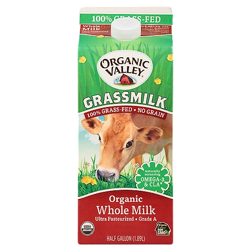 Organic Valley Grassmilk, 100% Grass Fed Organic Whole Milk, 64 oz
Organic is always non GMO®

Naturally occurring Omega-3 & CLA*
* This milk contains a minimum of 100mg omega-3 and 80mg CLA per serving.

What makes Grassmilk® milk so special?
A dairy cow's diet makes a big difference in how its milk tastes. Our Grassmilk cows' 100% grass diet never includes grains like soy or corn. The result is deliciously creamy, artisan milk that reflects where it comes from-lush organic pastures.

Goodness you can taste
Goodness abounds in every delicious glass of milk from our Organic Valley family farms. We strive to make all of our products close to the way nature intended - we never use antibiotics, synthetic hormones, toxic pesticides or GMOs.
You can feel good with every purchase knowing you are getting:
• Natural Nutrition - naturally occurring omega-3, conjugated linoleic acid (CLA) and calcium
• Premium Quality - 57 quality checks from farm to table
• Generations of farming wisdom - knowledge passed down on our family farms helps keep our herds naturally healthy

Our grassmilk cows are never fed grains. They get to spend their days grazing on diverse pastures, like those at the Beidler family farm in Vermont.

Organic Valley Grassmilk Organic Whole Milk comes from cows that eat 100% organic grass, 100% of the time. This ultra pasteurized milk offers unique, seasonal flavors that reflect its origins in lush, organic pastures. Organic Valley Grassmilk also contains more naturally occurring omega-3s and CLA than regular milk, with a delicious grass fed whole milk taste. Pair this ultra pasteurized milk with your favorite cookie or pour it over cereal. This organic grass fed milk half gallon carton features a twist off cap for easy opening and closing.