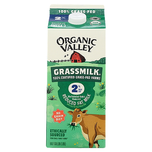 Organic Valley Grassmilk Organic 2% Milkfat Reduced Fat Milk, half gallon
Organic is always non GMO®

What makes Grassmilk® milk so special?
A dairy cow's diet makes a big difference in how its milk tastes. All our Grassmilk products are made with milk from cows that are certified grass-fed and never fed any grain. The result is a deliciously creamy, artisan milk that reflects where it comes from—lush organic pastures.

Always Handled with Care
Certified Grass-Fed Nutrition
Our Grassmilk cows' grass-fed, no-grain diet is third-party certified and results in milk with naturally occurring omega-3 & CLAs.*
57 Quality Checks
We ensure, along with third-party verification, that our milk arrives to you tasting as fresh as it can be.
Always Organic and Non-GMO
We never use: GMOs, antibiotics, pesticides or synthetic hormones.
Humane Animal Practices
Our organic animal care focuses on holistic health practices, including daily doses of sunshine, fresh air and pasture.
Keeping Chemicals Out of Your Food
We believe our farms, our food and our families shouldn't be chemistry experiments.
*This milk contains an average of 62mg omega-3 and 55mg CLA per serving.