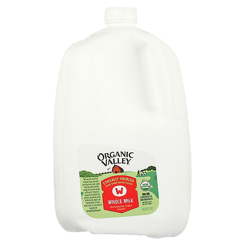 Organic Valley Ultra Pasteurized Organic Whole Milk, 128 oz
Organic is always non GMO®

Organic Valley Ultra Pasteurized Organic Whole Milk delivers the goodness of dairy. Wholesome and creamy, this pasture raised milk offers 8 grams of protein per serving and a delicious taste. At Organic Valley, our certified USDA organic milk is always made without the use of toxic pesticides or synthetic hormones. This ultra pasteurized whole milk maintains the same protein, vitamins and omega-3s as our organic pasture raised milk to keep your family healthy and happy. With a rich, pasture raised flavor, this ultra pasteurized milk is the perfect addition to an organic breakfast, featuring that delicious, creamy whole milk taste from our family farms.