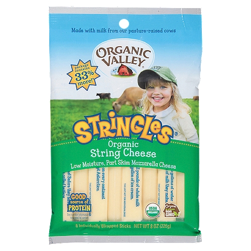 Organic Valley Stringles Organic String Cheese, 8 count, 8 oz
Organic Valley Stringles Low Moisture Part Skim Organic Mozzarella Cheese Sticks take the work out of preparing organic kids snacks. Made of part skim mozzarella cheese, these organic string cheese sticks have a creamy texture. This low moisture mozzarella string cheese provides 7 grams of protein and 15 percent of the recommended daily allowance of calcium per serving.