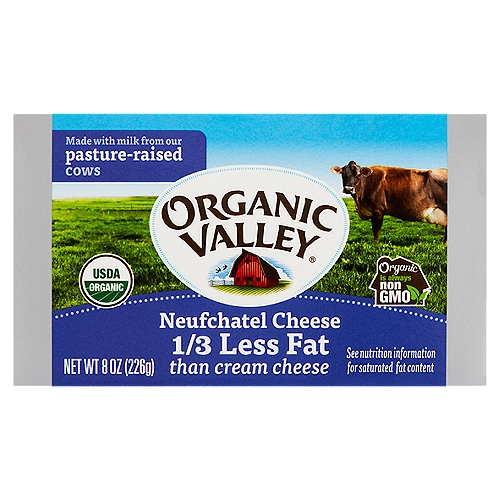 Organic Valley Neufchatel Cheese, 8 oz
Crafted with care, our Neufchatel is made from cultured milk and sweet cream from the pasture-raised cows of our family farms. A simple and delicious ingredient to make your favorite recipes even better.

This product has 6g fat per serving; our cream cheese has 10g.