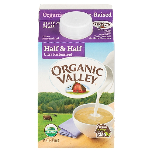 Organic Valley Ultra Pasteurized Organic Half and Half, 16 oz
Organic is always non GMO®

Stir in Some Love
Wake up your morning brew and enrich your favorite recipes with our delicious half & half. It's a wholesome mix of organic milk and cream from the pastures of our family farms.

Always Handled with Care
57 Quality Checks
We ensure your half & half arrives tasting as fresh as it can be.
Always Organic and Non-GMO
We never use: GMOs, antibiotics, toxic pesticides or synthetic hormones.
Humane Animal Practices
Our organic animal care focuses on holistic health practices, including daily doses of sunshine, fresh air and pasture.
The Pasture-Raised Difference
More time on pasture means our cows' milk naturally delivers omega-3 and CLA.*
Keeping Chemicals Out of Your Food
We believe our farms, our food and our families shouldn't be chemistry experiments.
*This half & half contains an average of 32mg omega-3 and 22mg CLA per serving.

Organic Valley Ultra Pasteurized Organic Half and Half is made with pasture raised milk and organic cream for a rich flavor. This silky coffee creamer makes your morning brew and other beverages smooth and creamy. Our Organic Valley half and half is made with milk from small family farms, where cows roam and graze on lush organic pastures, giving you a delightfully creamy flavor. Use this delectable organic creamer to turn your coffee, tea or hot chocolate into a special treat, or use it as a substitute for milk to add some richness to your favorite baked goods. This coffee creamer has an easy-pour cap, making it simple to add the perfect amount to your favorite beverage.
