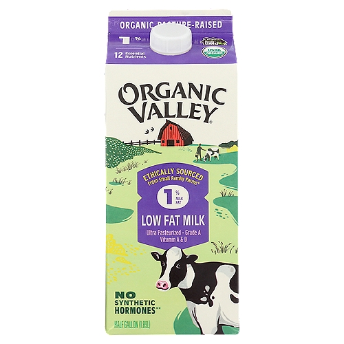 Organic Valley Ultra Pasteurized Lowfat Organic 1% Milk, 64 oz
We Give Our Animals the Greenest Pastures and they give you delicious & nutritious Milk

Pasture-Raised with Love™
In a way, cows are like kids-the more time outside, the better. Our farmers send their cows out into lush, organic pastures for fresh air, exercise and grazing (weather permitting, of course).

Your Favorite Milk Now Has More Essential Nutrients!
It all starts from the same happy, healthy cows raised in green pastures, and now it's fortified to 11g Protein and 30% of the daily value of Calcium per serving! We know the best organic milk comes from family farms committed to the highest organic standards.

Always Handled with Care
57 Quality Checks
We ensure your milk arrives tasting as fresh as it can be.
Always Organic and Non-GMO
We never use: GMOs, antibiotics, toxic pesticides or synthetic hormones.
Humane Animal Practices
Our organic animal care focuses on holistic health practices, including daily doses of sunshine, fresh air and pasture.
The Pasture-Raised Difference
More time on pasture means our cows' milk naturally delivers omega-3 and CLA.**
Keeping Chemicals Out of Your Food
We believe our farms, our food and our families shouldn't be chemistry experiments.
**This milk contains an average of 24mg omega-3 and 17mg CLA per serving.

The McClellands are one of the many families across the country sustainably producing Organic Valley's dairy products.
Find your Organic Valley farmer at ov.coop/farmer

Organic Valley Ultra Pasteurized Lowfat Organic 1% Milk is a delicious, protein-rich, calcium-rich organic low fat milk for your family. Organic Valley milk comes from small family farms, where cows roam and graze on lush organic grasses. This pasture raised milk packs an impressive 11 grams of protein per serving and 30% of the recommended daily value of calcium. Pour this ultra pasteurized milk over your favorite hot or cold cereal, add to smoothies and milkshakes, or simply enjoy a tall glass any time of the day. This organic milk half gallon carton has a twist off cap for easy opening.