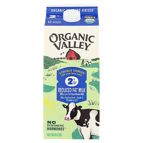 Organic Valley Ultra Pasteurized Reduced Fat Organic 2% Milk, 64 oz
Organic is always non GMO®

Always Handled with Care
• Cows are part of our family and respect for animals is part of how we do business.
• Time in the pasture means our cows' milk naturally delivers omega-3, CLA and calcium.*
• Our 57 quality checks ensure your milk arrives tasting as fresh as can be.
• You wouldn't put them on your table, so we never use antibiotics, synthetic hormones, toxic pesticides, or GMOs.
*This milk contains an average of 48mg omega-3 and 34mg CLA per serving. See ov.coop/grassup for more information.

38% less fat than whole milk

Organic Valley Ultra Pasteurized Reduced Fat Organic 2% Milk is a delicious choice for your family. This ultra pasteurized reduced fat organic milk comes from small family farms, where cows roam and graze on lush organic pastures. This organic milk contains protein and a variety of essential nutrients. Pour this 2% reduced fat milk over your favorite hot or cold cereal, or enjoy a tall glass any time of the day. Each 64 oz half gallon carton of Organic Valley milk has a twist off cap for easy opening and closing.