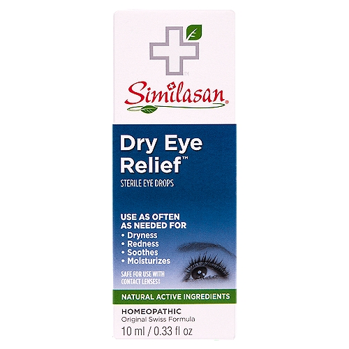 Similasan Dry Eye Relief Drops 0.33 fl oz
Active Ingredients are manufactured according to homeopathic principles. Sterile Eye Drops Formulated with Natural Active Ingredients Homeopathic Original Swiss Formula No Harsh Vasoconstrictors Use As Often As Needed For Dryness Redness Soothes Moisturizes Made In Switzerland

Drug Facts
Active Ingredients - Purpose
Belladonna† 6X - Dryness, redness
Euphrasia officinalis (Eyebright) 6X - Redness
Mercurius sublimatus 6X - Dryness
†containing 0.000002% alkaloids calculated as hyoscyamine

Uses*
According to homeopathic principles, the active ingredients in this product temporarily relieve minor symptoms such as:
• dry eye
• redness of eyes and lids
• reflex watering secondary to dry eye
*Claims based on traditional homeopathic practice, not accepted medical evidence. Not FDA evaluated.