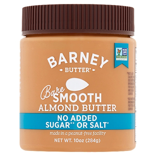 Barney Butter Bare Smooth Almond Butter, 10 oz
No Added Sugar** or Salt*
**Not a Low Calorie Food. See Nutrition Information for Calorie and Sugar Content.
*See Nutrition Information for Total Fat Content

California Made, California Good.
We admit that Californians have always been considered a little nuts, and we totally vibe with that! Our blanched almonds leave the skins behind for the flavor and fun that comes from being completely naked! It's our way of kicking convention to create a super smooth almond butter. Grab a jar and a friend, and... Spread the love.