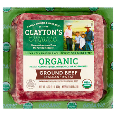 Clayton's Organic 85% Lean 15% Fat Organic Ground Beef, 16 oz, 16 Ounce