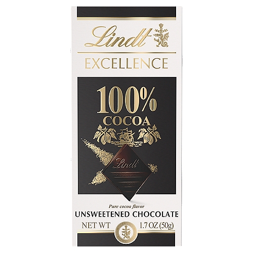 Lindt Excellence 100% Cocoa Unsweetened Chocolate, 1.7 oz
Dive into the refined richness of Lindt EXCELLENCE 90% Cocoa with all your senses. This full-bodied dark chocolate bar is distinguished by a powerful earthiness and notes of dried fruit, spice, and licorice. Whether you prefer to indulge in Lindt EXCELLENCE for baking, as a dark chocolate gift, or paired with your favorite after-dinner drink, the complex flavor and sophisticated texture of our dark chocolate always deliver a gourmet experience. Masterfully crafted with the highest-quality ingredients, Lindt EXCELLENCE is chocolate for the true aficionado.