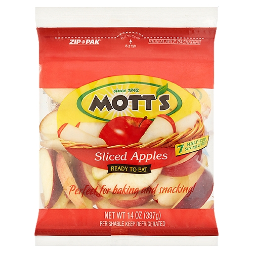 Mott's Sliced Red Apples, 14 oz
Zip-Pak®

Enjoying delicious apples just became easier with new Mott's sliced apples. We have carefully handpicked, cored, washed and sliced each apple for your enjoyment. Each serving of apples delivers a tasty, healthy and convenient snack.