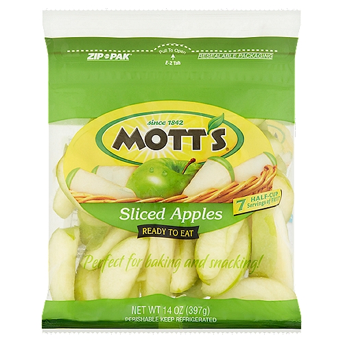 Mott's Sliced Green Apples, 14 oz
Zip-Pak®

Enjoying delicious apples just became easier with new Mott's sliced apples. We have carefully handpicked, cored, washed and sliced each apple for your enjoyment. Each serving of apples delivers a tasty, healthy and convenient snack.