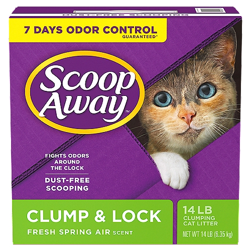 Scoop Away Super Clump Scented Cat Litter controls extreme litter box odors for 7 days guaranteed.