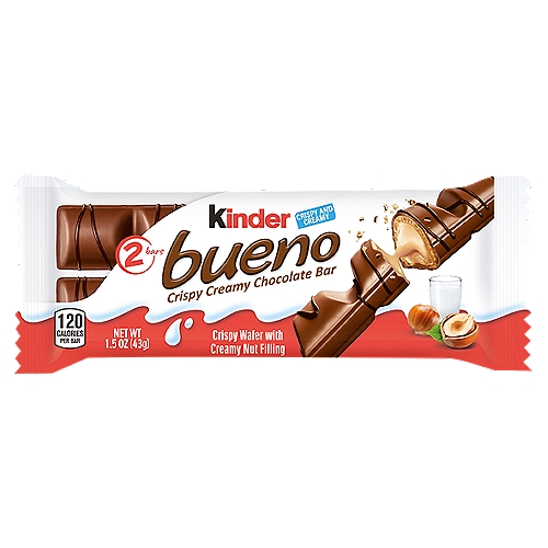 Kinder Bueno Crispy Creamy Chocolate Bar, 2 count, 1.5 oz
Crispy Wafer with Creamy Nut Filling