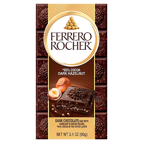 *55% Cocoa Dark Hazelnutn*55% Cocoa in the Outer LayernnSmooth chocolate, crunchy hazelnut pieces and exquisite creamy filling combine in a sophisticated indulgence. Discover all of the irresistible Ferrero Rocher bars.