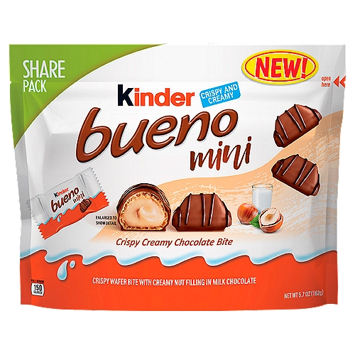 Crispy Wafer Bite with Creamy Nut Filling in Milk ChocolatennKinder Bueno Minis are crispy creamy chocolate bites made to delight all of your senses. They're delicious, snackable and sharable, at home or on-the-go.nnDiscover the ultimate snacking experience one Bite at a time!nHazelnut, crispy wafer, milk chocolate, dark chocolatennDelicious, individually wrapped Kinder Bueno Minis are single bite size pieces of our popular Kinder Bueno chocolate bar. Beneath a blanket of smooth milk chocolate lies a thin, crispy wafer filled with a creamy hazelnut filling, all topped with a delicate, dark chocolate drizzle… satisfying but not heavy with a texture that is anything but expected. This bag is perfect for celebrations or everyday sharing with family and friends!