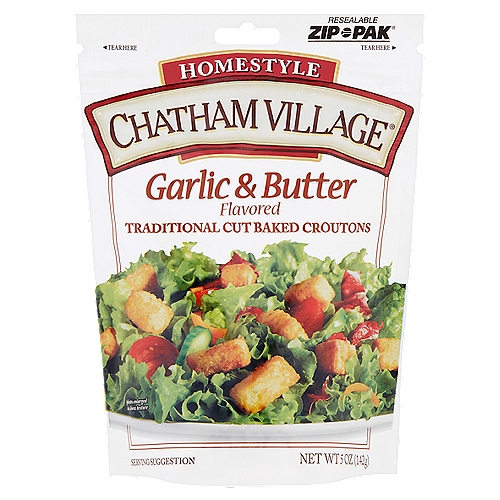 Chatham Village Homestyle Garlic & Butter Flavored Traditional Cut Baked Croutons, 5 oz