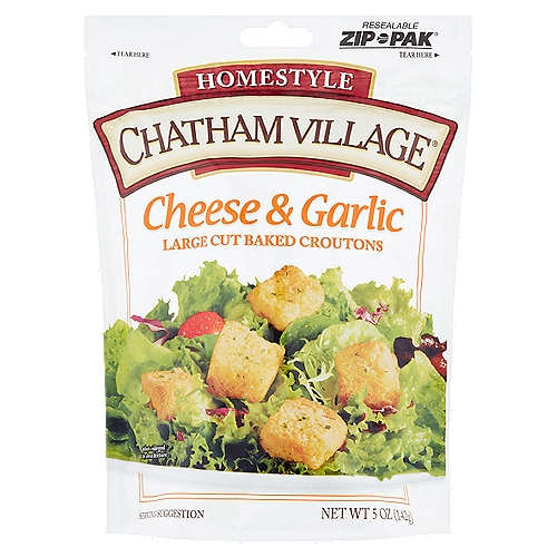 Chatham Village Homestyle Cheese & Garlic Large Cut Baked Croutons, 5 oz
Chatham Village® Croutons originated in a tiny sandwich shop nestled in the town of Chatham, Massachusetts on the elbow of Cape Cod. It was there that a great tradition of baking the freshest breads, rolls and unique homemade croutons was born.

Today the tradition still lives as we continue to use our signature, twice- baked process to create the freshest tasting, most deliciously crunchy croutons.

First, we bake our made-from-scratch French bread dough. After the rich, crusty loaves cool, we cut them to size, season them with our special seasoning blend, and then bake them to perfection to seal in that exceptional Chatham Village flavor.

Enjoy Chatham Village croutons on salads, in soups or as a perfect snack.

Chatham Village Croutons are made with quality ingredients for the finest eating experience.
