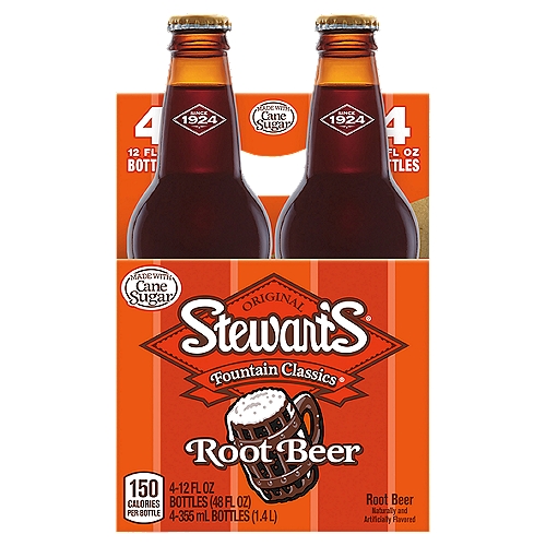 Stewart's Fountain Classics Original Root Beer, 12 fl oz, 4 count
Stewart's Soda takes you on a refreshing walk down memory lane with classic fountain favorites. Stewart's Root Beer is a handcrafted recipe of secret ingredients, making for a smooth and creamy taste that contains no caffeine. 100% cane sugar provides just the right sweetness. Enjoy as an ice-cold beverage or a delicious float. Relive the days of good, old-fashioned flavor with Stewart's Root Beer.