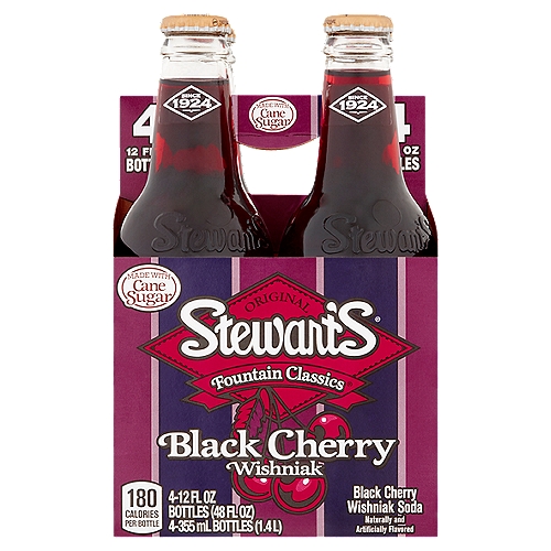 Stewart's Fountain Classic Original Black Cherry Wishniak Soda, 12 fl oz, 4 count
Our dark Black Cherry Wishniak is rich in flavor, ''cherry picked'' from an old-fashioned cordial brought to America in the 1940s. Pop open a Stewart's and it's ''then'' all over again!