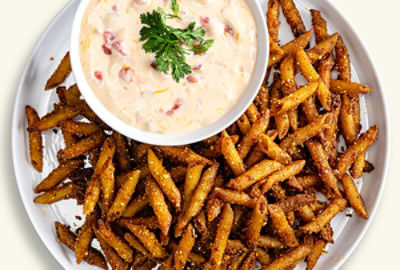 Air Fryer Penne Chips with Queso Dip