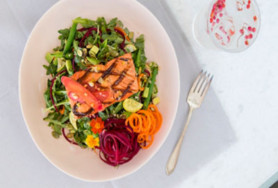 Alaska Salmon with Rhubarb-Ginger Sauce and Spiralized Veggies