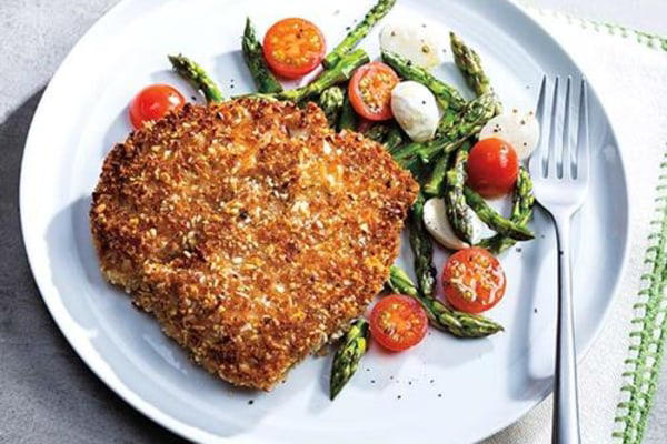 Almond-Crusted Veal Cutlet with Asparagus Caprese Salad