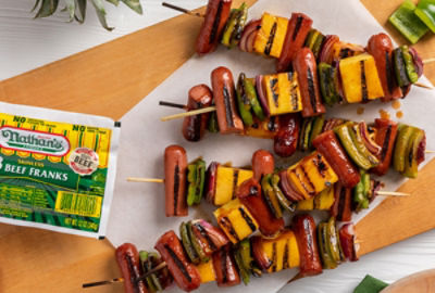 BBQ Hawaiian Nathan’s Hot Dog Skewers