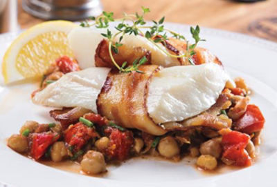 Bacon Wrapped Haddock over Chickpea Mash