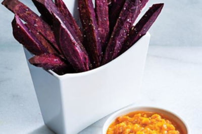 Baked Purple Sweet Potato Fries with Banana Ketchup