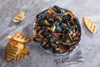 Beer-Steamed Mussels with Peppers & Shallots