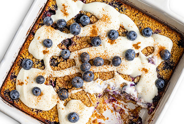 Blueberry Almond Baked Oatmeal with Yogurt Icing