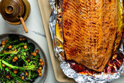 Broiled Honey Salmon with Chipotle-Lime Baby Broccoli and Garbanzos