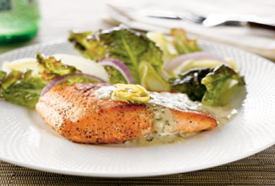 Bronzed Alaska Salmon in a Basil-Wine Sauce